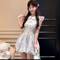 批发青柠冰椰 甜美法式小千金<b class='q'>娃娃</b>领碎花花苞短<b class='q'>裙</b>收腰显瘦