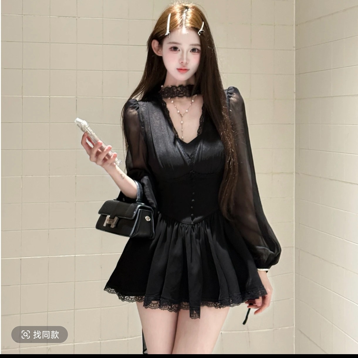 블랙 숙련 된 발레 달콤한 매운맛 바람 나비 매듭 패치워크 여름 긴팔 허리 수축 슬림해 보이는 드레스 265332