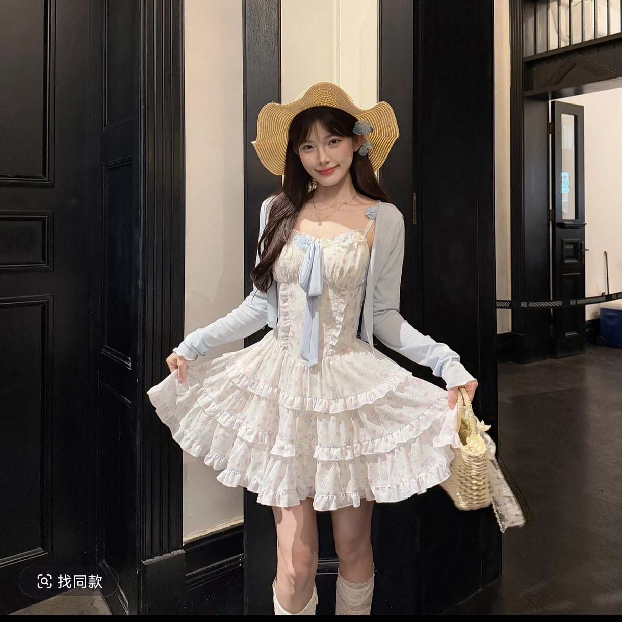 house 바다 소금 복숭아 복숭아 달콤함 슬립 3 차원 꽃잎 자수 슬림해 보이는 드레스