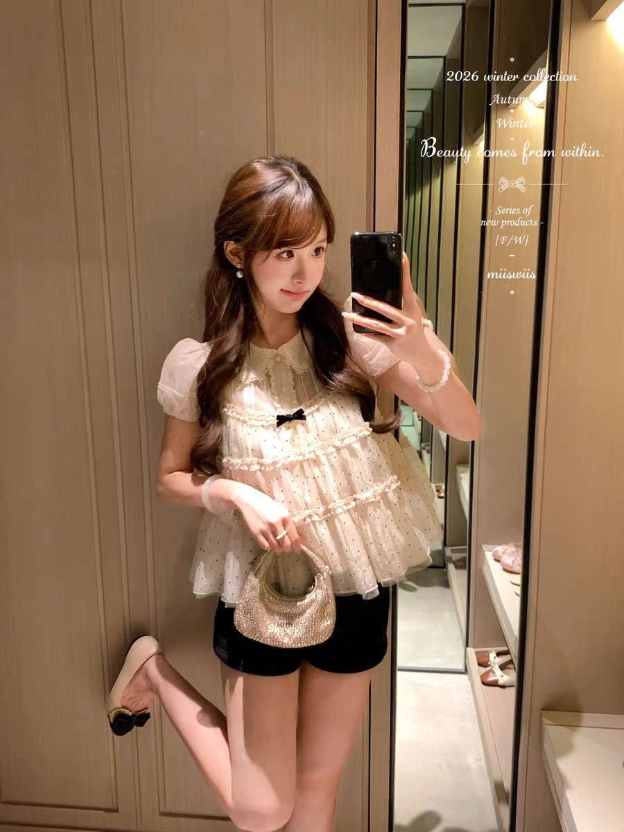 4 28 신제품 프랑스식 소녀 센스 프릴 케이크 층 도트 무늬 슬립 허리 수축 셔츠