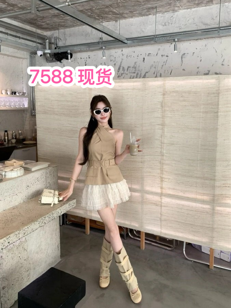 감기 원 웨이 카키 색 십자가 벨트 조끼 베이지 색 쉬폰 무거운 작업 층 반 스커트