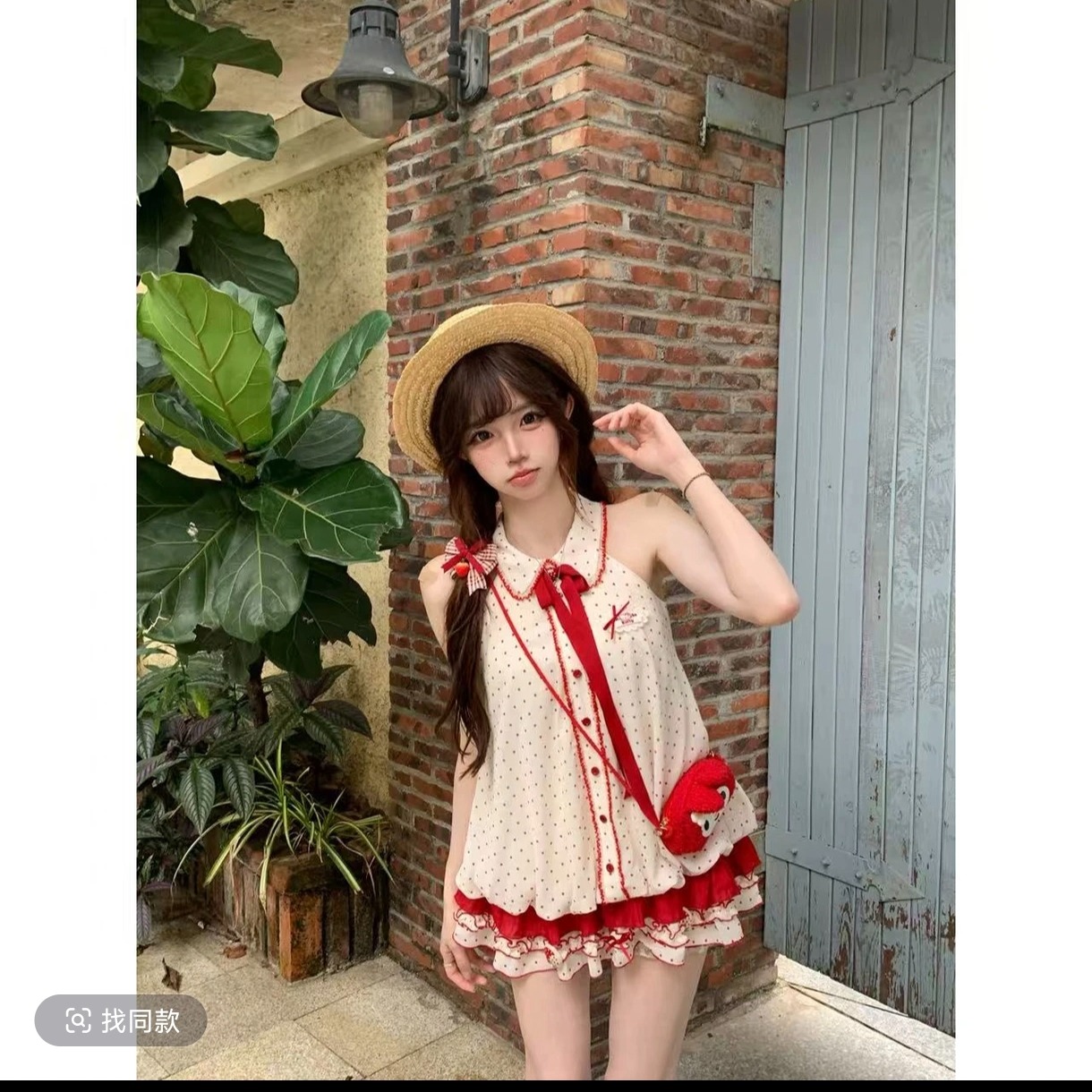 딸기 고통 위로 빨간색 도트 무늬 폴로 칼라 조끼 어깨 루즈핏 레이스 나비 매듭 드레스