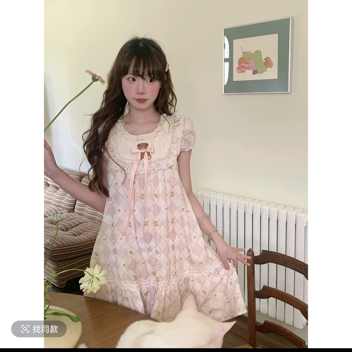 신제품 수면 수면 작은 곰 여름 doll 센스 라운드 넥 패치워크 레이스 한 마디 드레스