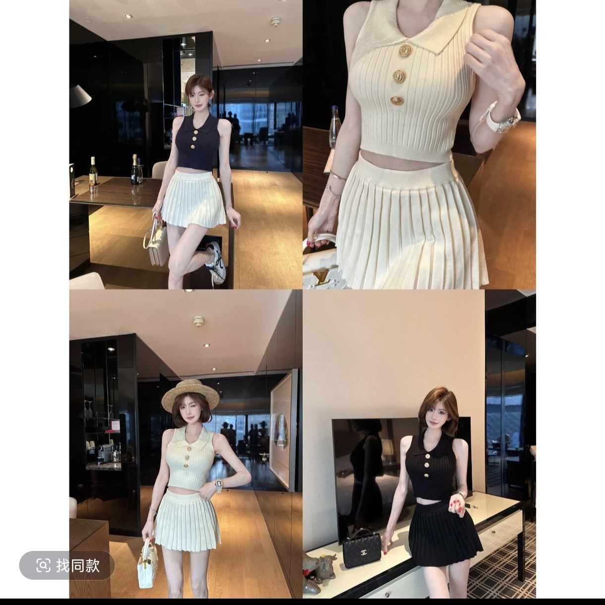 필리핀 린 일기 작은 샤넬 스타일 POLO 칼라 맨위 여성 여름 고유 한 Chic 민소매 니트 세트
