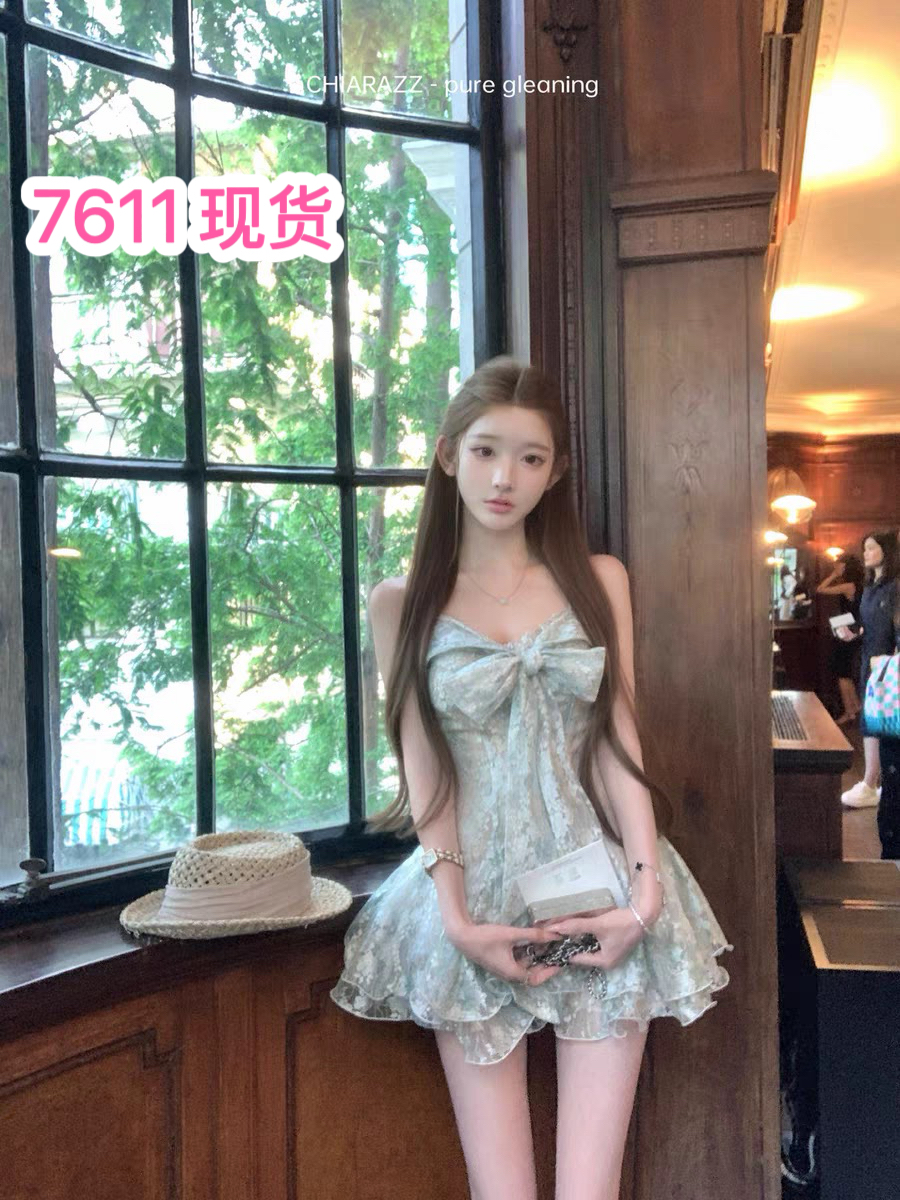 26ss 천 요금 黛 이슬 보여주기 필드 높음 세트 엠보싱 꽃 녹색 나비 매듭 행침 헤어 테일 선 드레스