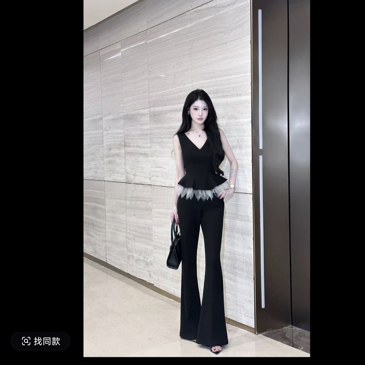 새로운 레트로 치엥 디자인 센스 슬림해 보이는 패션 출퇴근 바람 민소매 와이드 레그 팬츠 세트
