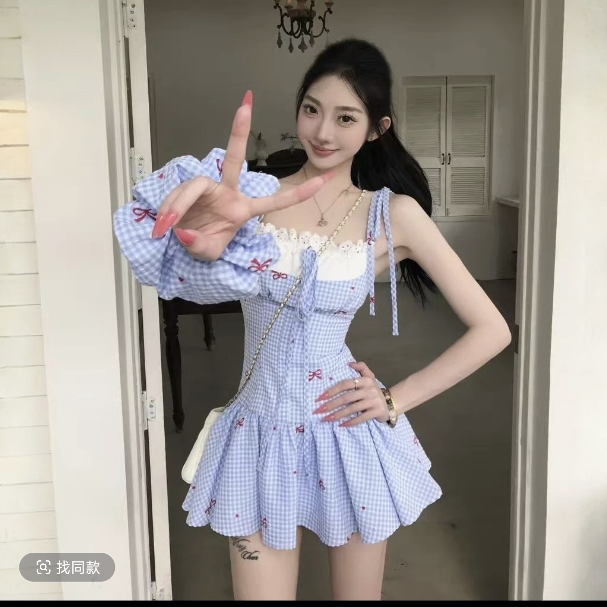 쉬위안츠 발레 바람 블루 화이트 체크무늬 스트랩 치마 달콤한 자매 나비 매듭 프린트 허리 수축 미니 스커트