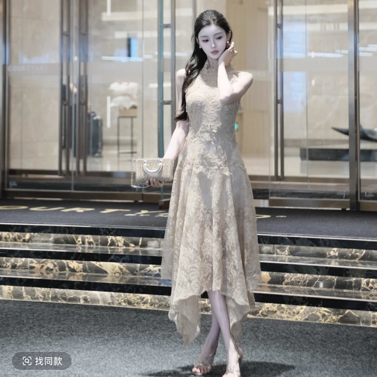 봄날 사역 밝은 갈색 제직 그림자 프랑스식 순수한 욕망 바람 허리 수축 행침 목 불규칙 치마 드레스 01816