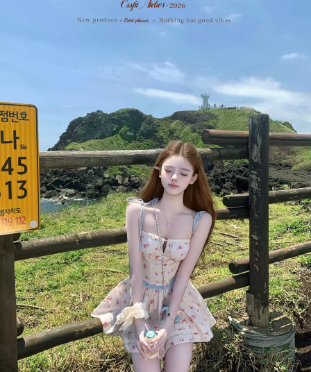 26 ss 복숭아 지앤 동의 doe 빨간색 블루 꽃무늬 슬립 반 스커트 면 100% 세트 그룹