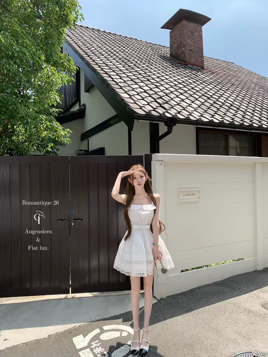 26 ss 플러그 웨이 빛 언어 jor a 작은 흰색 꽃 폴로 칼라 수공 자수 민소매 슬립 드레스