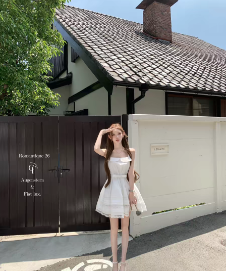 26 ss 플러그 웨이 빛 언어 jor a 작은 흰색 꽃 폴로 칼라 수공 자수 민소매 슬립 드레스