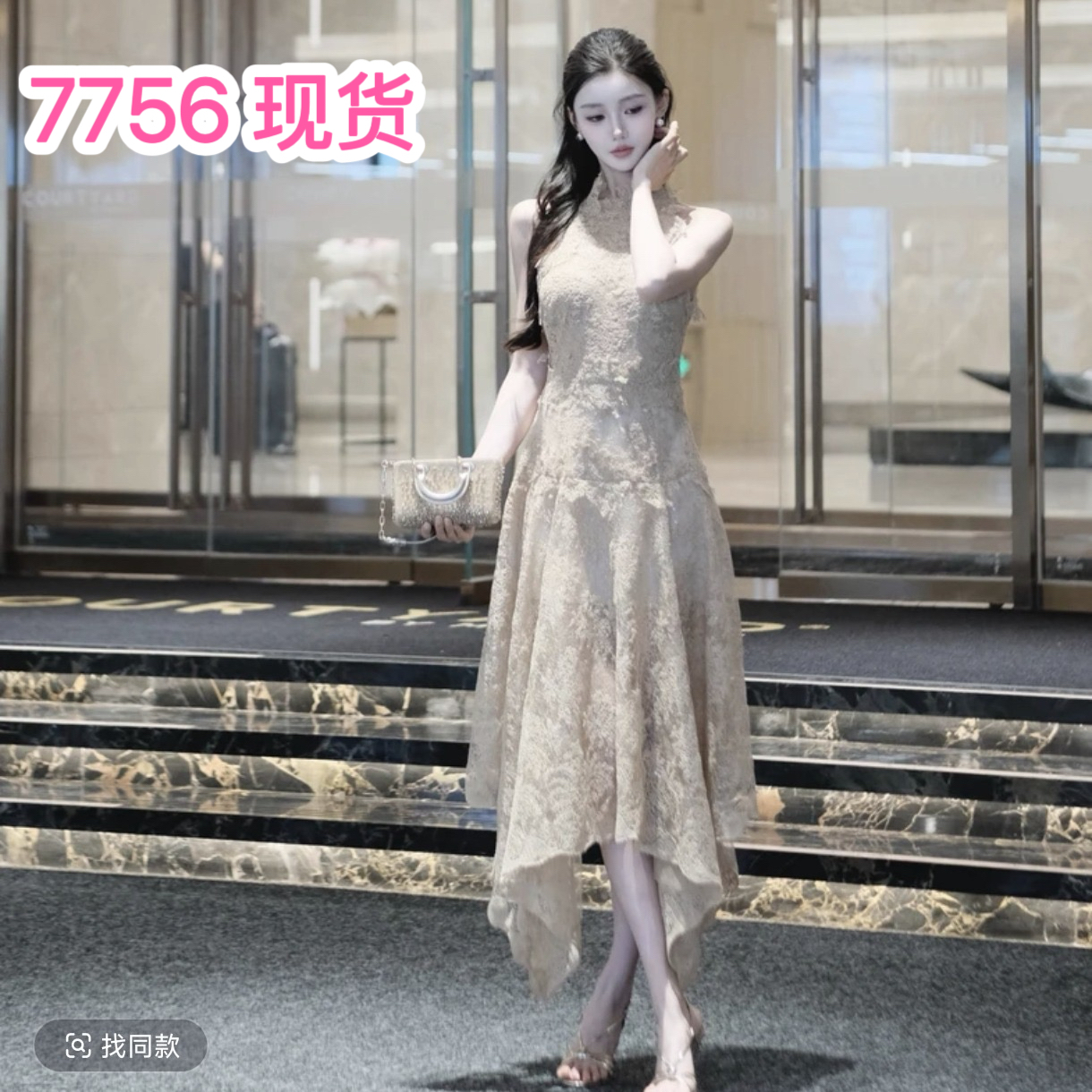 봄날 사역 밝은 갈색 제직 그림자 프랑스식 순수한 욕망 바람 허리 수축 행침 목 불규칙 치마 드레스 01816