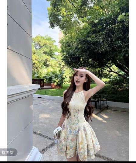 앨리스 꿈 나라 품질 고급 센스 행침 목 드레스 레이스 디자인 센스 프린트 휴가 바람 허리 수축 치마