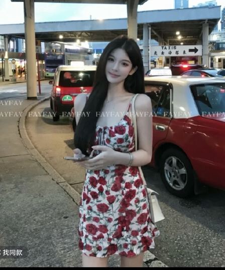 장미 비밀 상황 순수한 욕망 바람 장미 꽃무늬 슬립 스트랩 허리 수축 슬림해 보이는 휴가 드레스