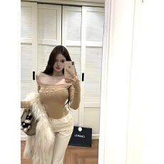 批发实拍 秋冬季新款手工钉珠辣妹修身显瘦<b class='q'>一字肩</b>打底针织衫上衣女