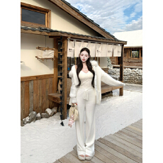 批发实拍<b class='q'>蕾丝</b>花边小吊带打底上衣针织休闲长裤宽松慵懒水貂毛开衫外套