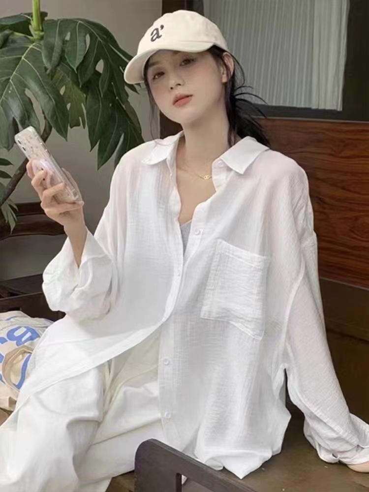 한국 스타일 미니멀리즘 다용도 단색 자외선 차단 긴팔 여성 셔츠 레트로 센스 루즈핏 셔츠