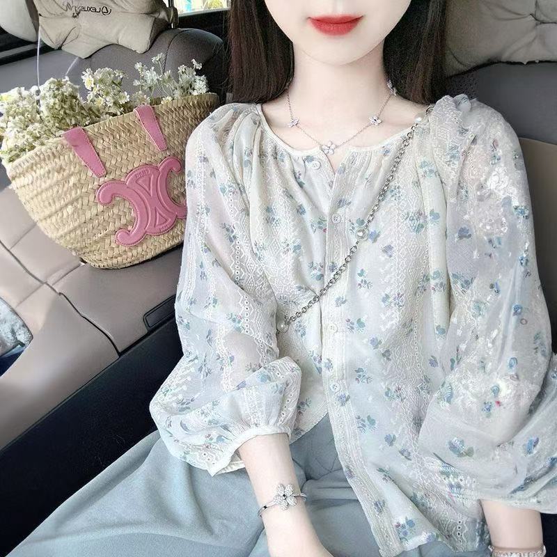 프랑스식 달콤함 거품 소매 꽃무늬 쉬폰 여성 셔츠 2025 여름 새로운 부드러운 바람 레이스 자수 태양 보호 셔츠
