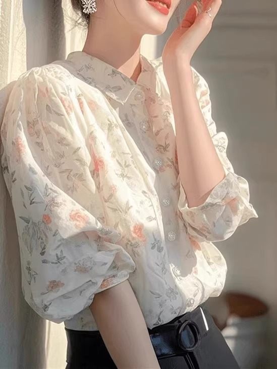 정가 프랑스식 부드러운 바람 긴팔 여성 셔츠 봄 슈퍼 잘 생긴 작은 대중 아니요 명중 섹션 얇은 스타일 꽃무늬 맨위