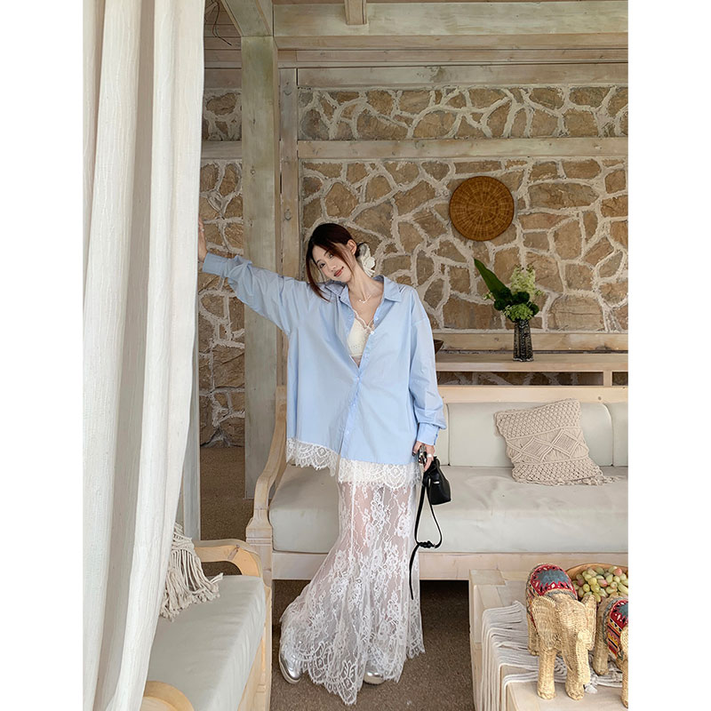 프랑스식 여름 새로운 다용도 POLO 칼라 루즈핏 셔츠 순수한 욕망 바람을 피우다 롱 코트 긴팔 오픈 가디건 맨위 여성