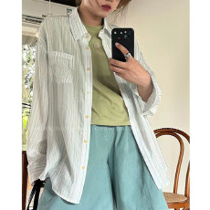 批发防晒衣衬衫外套<b class='q'>复古</b>别致条纹宽松中长款长袖衬衣上衣