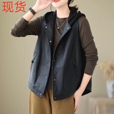 批发2026春新款PU<b class='q'>皮衣</b>女士马甲皮夹克外套宽松休闲无袖宽松型连帽上衣