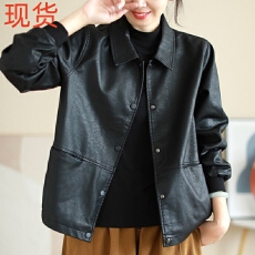 批发2026新款春季黑色<b class='q'>皮衣</b>外套女翻领爆款酷飒风小个子pu宽松百搭夹克