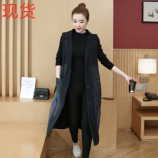 批发实拍2026春装新品西装领牛仔<b class='q'>长款</b>马甲外套女加厚气质马夹彩色拼接