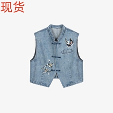 批发2026春季新款绣花盘扣新中式复古<b class='q'>马甲</b>女简约休闲国潮水洗牛仔上衣