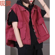 批发2026春季新款女韩版宽松大码文艺大口袋毛边翻领百搭单排扣马甲