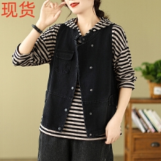 批发实拍2026春文艺下摆不规则按扣做旧牛仔马甲休闲韩版宽松大码上衣