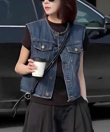 2026 새로운 가을 레트로 파란색 쇼트 스타일 민소매 조끼 데님 재킷 루즈핏 작은 키 스택 착용 맨위 여성