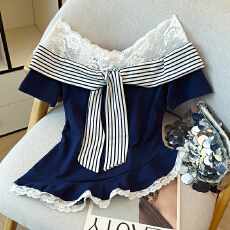 批发韩系一字肩纯欲风蕾丝拼接收腰裙摆上衣女夏季<b class='q'>新款</b>单穿短袖<b class='q'>打底衫</b>