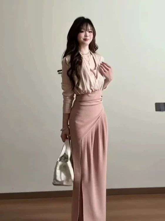 핑크색 프랑스식 흔들다 칼라 긴팔 여성 드레스 봄 허리 수축 몸매 가꾸기 ol 슬림해 보이는 롱 스커트