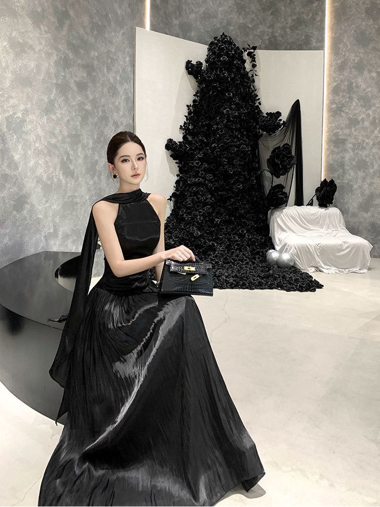 venuie 프랑스식 행침 목 드레스 일상 웨어러블 참여 늦게 생일 작은 빛 예복 치마 품격 아름다운 롱 스커트