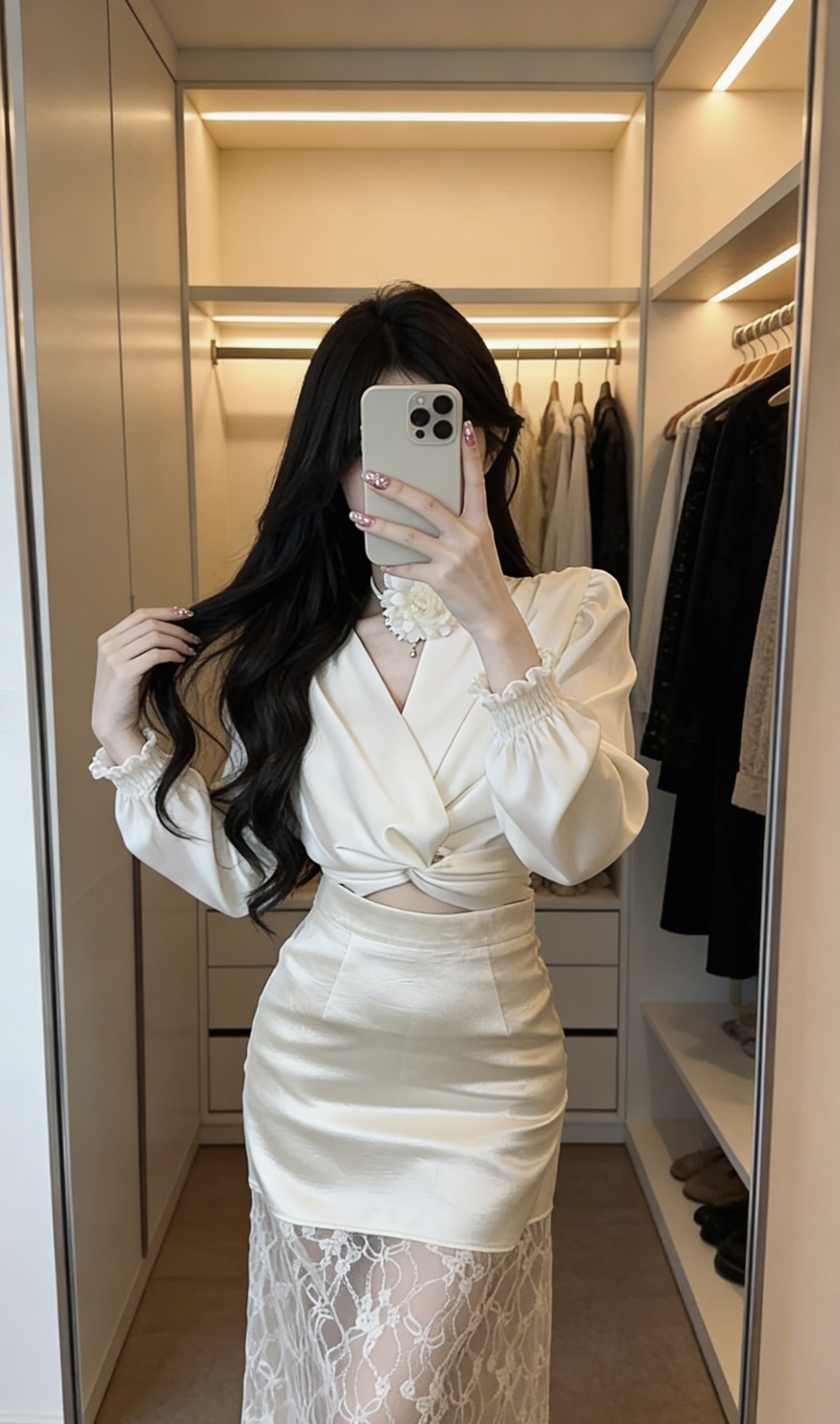 순수한 욕망 새틴 세트 캐주얼 꽃 행침 목 V넥 긴팔 맨위 품격 허리 수축 타이트 스커트 패치워크 레이스 드레스
