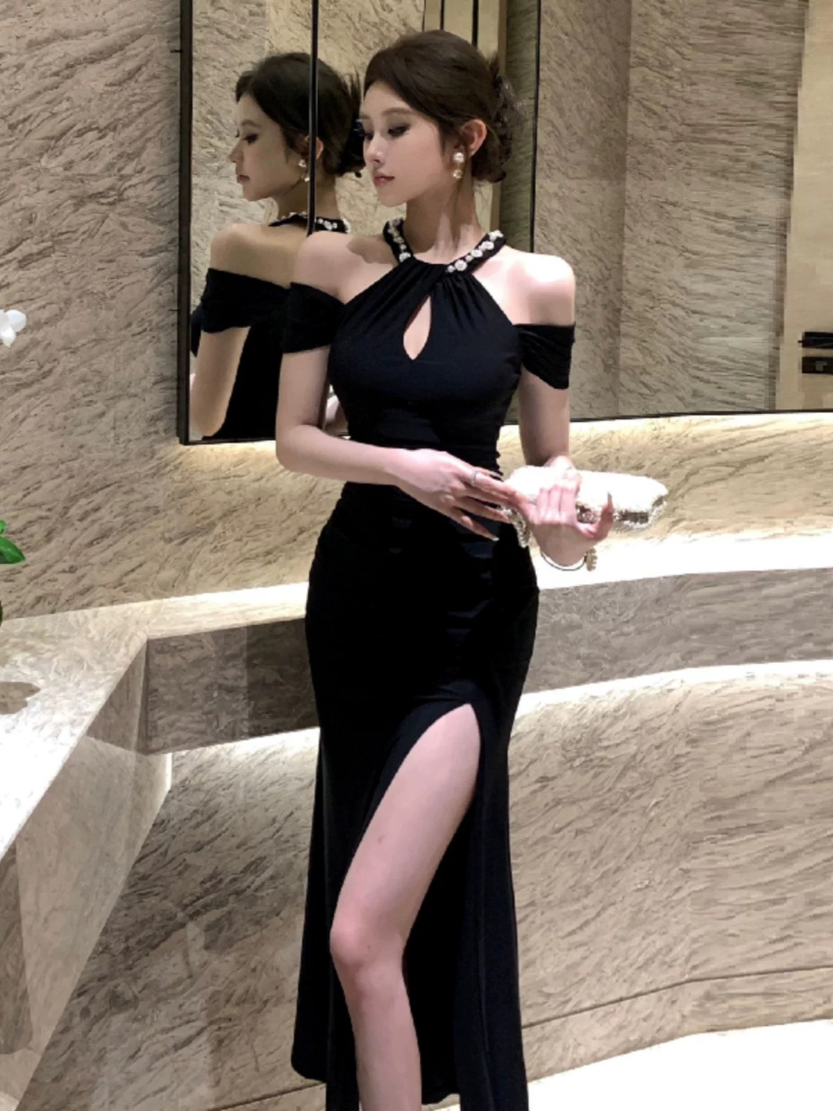 그는 벤 바람 행침 목 오프숄더 드레스 무거운 작업 고급 센스 품격 우아함 허리 수축 디스플레이 몸 트임 예복 롱 스커트