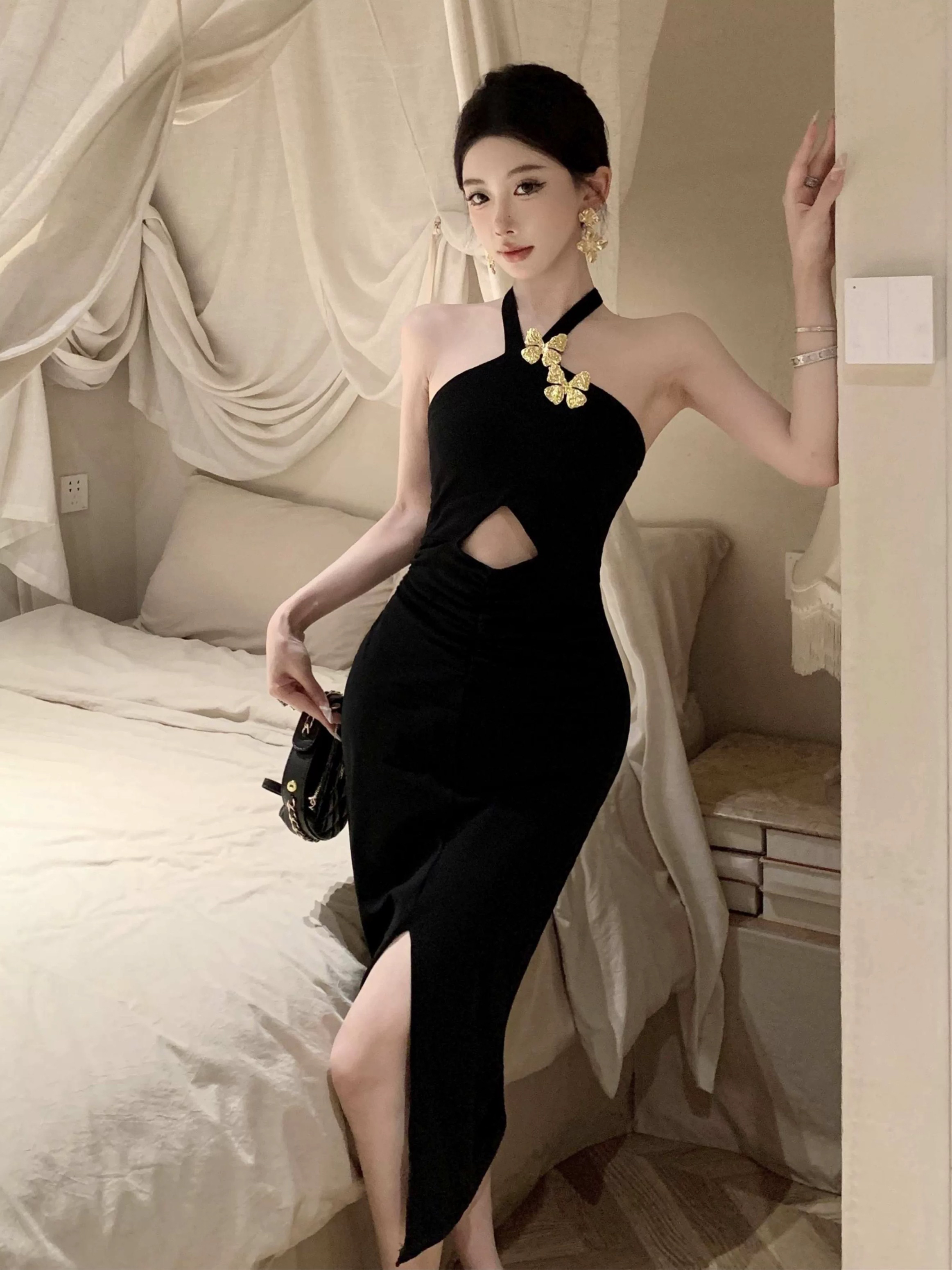 프랑스식 품격 명문 여성 로얄 자매 고급 센스 튜브탑 행침 목 드레스 작은 대중 디자인 트임 몸매 가꾸기 타이트 스커트 롱 스커트