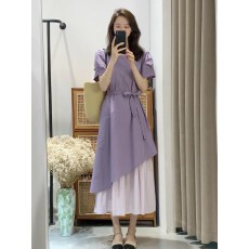 夏日绝美小裙子独特漂亮气质高级感收腰显瘦大码紫色假两件连衣裙