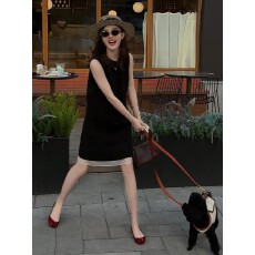 赫本气质网纱拼接黑色连衣裙女夏季新款小个子法式无袖减龄背心裙