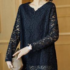 批发蕾丝<b class='q'>上衣</b>女长袖中长款大码雷丝小衫宽松遮肚子打底衫