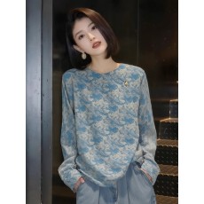 批发新中式蓝色圆领斜襟<b class='q'>衬衫</b>女2026春季新款高级感气质显瘦国风上衣潮