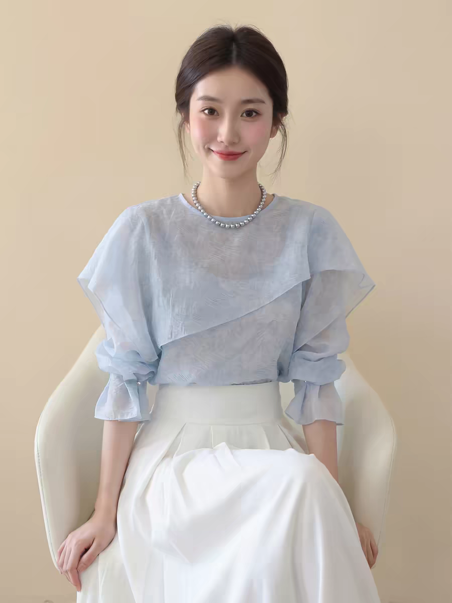 프랑스식 파란색 프릴 긴팔 셔츠 여성 2026 봄 여름 새로운 품격 고급 센스 다용도 외국 가스 맨위