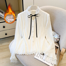 批发缪斯奶酥/千金风法式气质衬衫女2025冬季蕾丝加绒磨毛内搭上衣