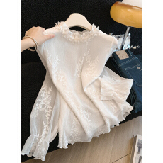 批发肌理感褶皱<b class='q'>钩花</b>钉珠长袖<b class='q'>蕾丝</b>衫女2026早春新款洋气轻薄打底衫<b class='q'>上衣</b>