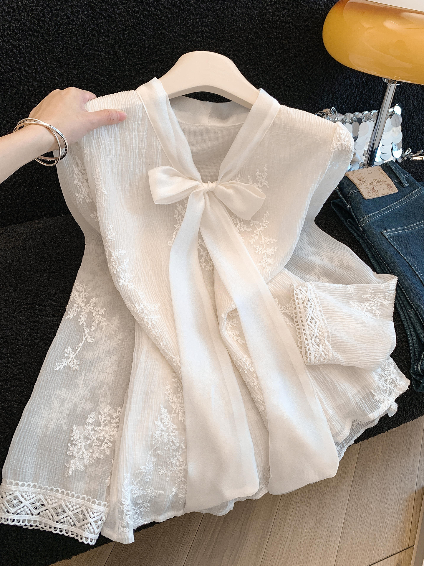 MY16624# KUN淡香橙花法式长袖蕾丝衬衫女设计感衬衣气质打底衫上衣新女裝貨源服裝批發