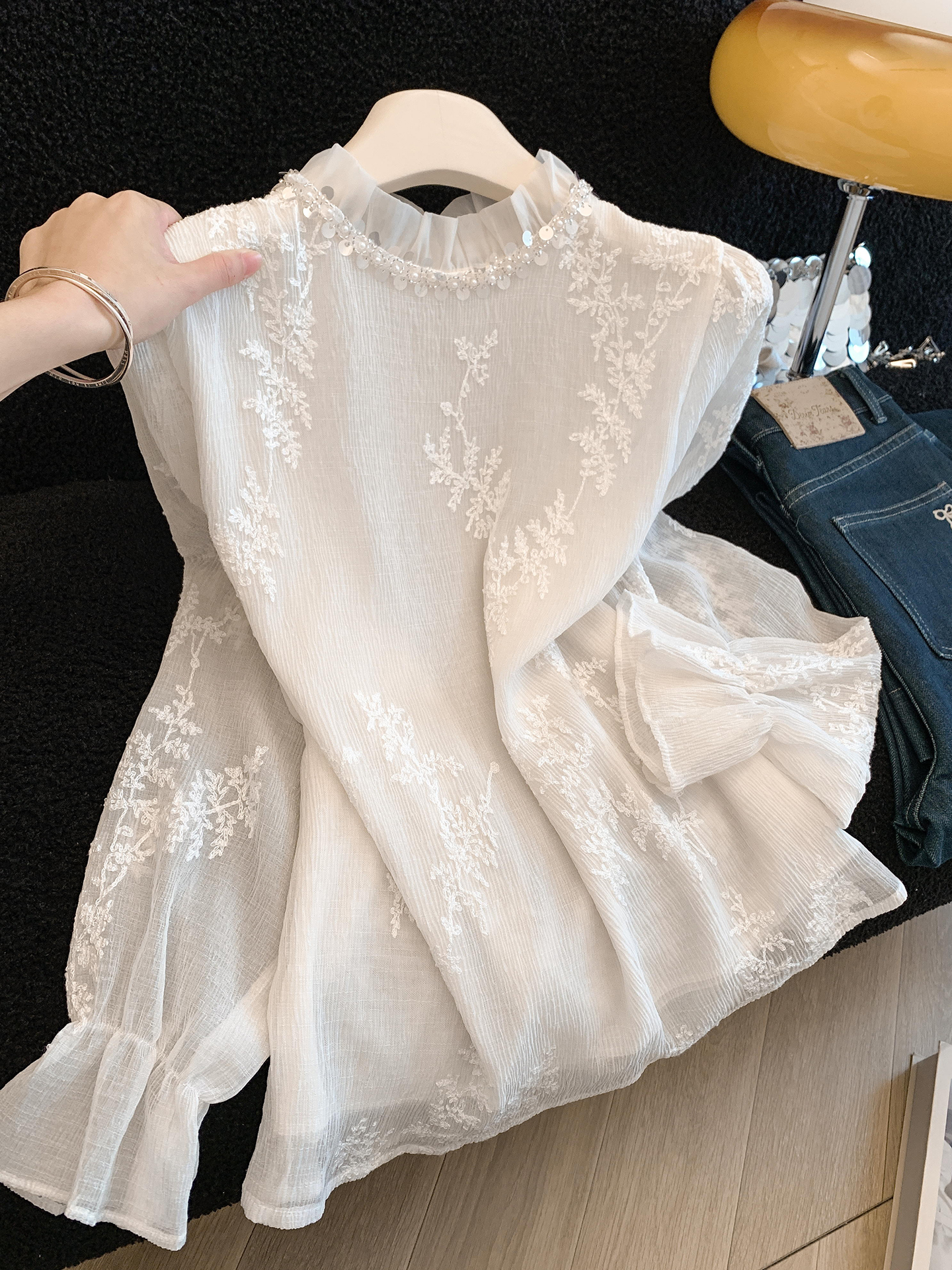 MY16623# 法式精致绝美上衣新款高级设计感小众蕾丝荷叶边打底衫女女裝貨源服裝批發