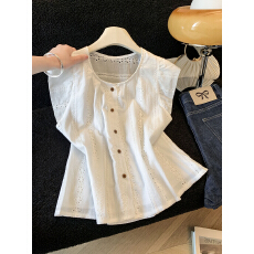 批发高级感蕾丝<b class='q'>短袖</b>衬衫女夏季新款洋气甜美减龄别致漂亮法式小衫上衣