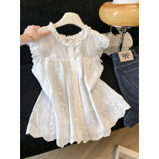 批发法式白色小飞袖衬衫女夏2026新款设计感甜美木耳边无袖娃娃衫上衣