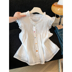 批发小香风荷叶边飞飞袖雪纺衬衫女夏2026遮肚衬衣娃娃衫花边领小上衣